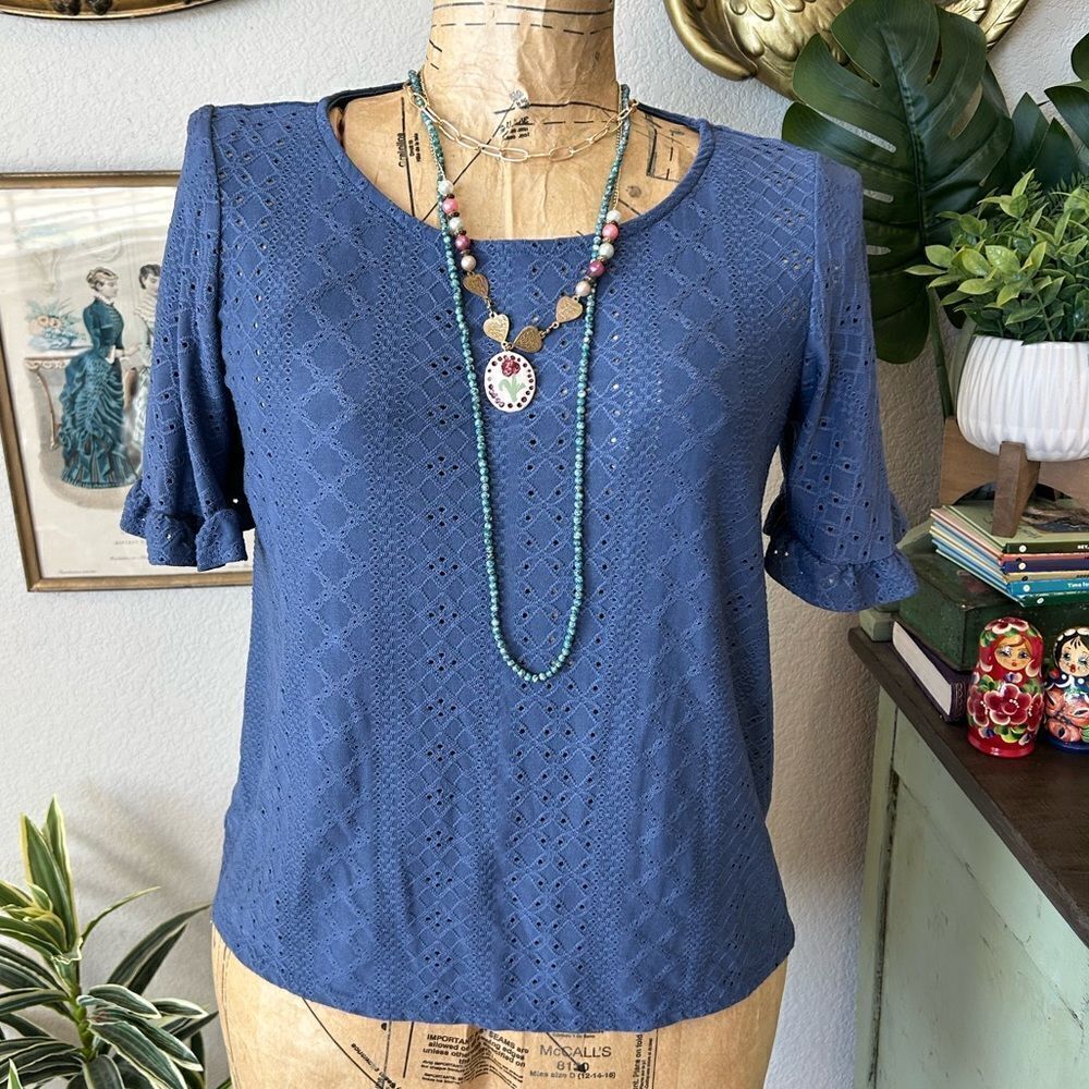 Anthropologie W5 Blue Eyelet Embroidered Stretch Ruffle Sleeve Blouse Sz S Boho